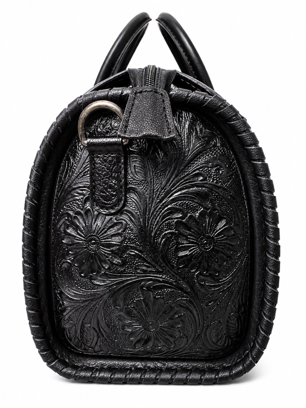 Hand Tooled Leather Speedy Bag Black Floral Western Satchel Large - Picture 4 of 6